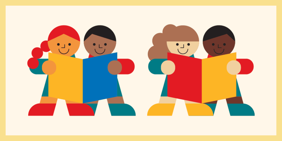Beige background with a stylized illustration of four diverse children who are paired off and sharing and reading books together.