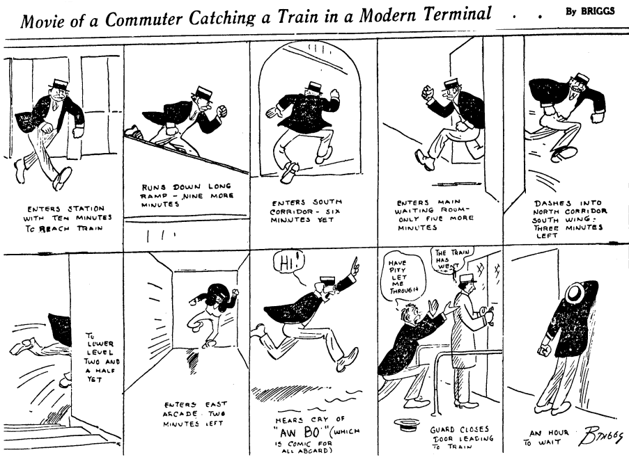 Copic strip of catching a train in a modern terminal, New-York Tribune, June 30, 1915