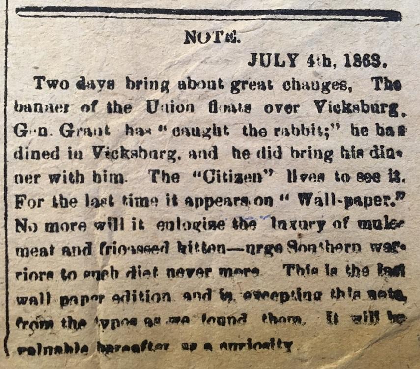 July 4, 1863 Note from the Vicksburg Daily Citizen