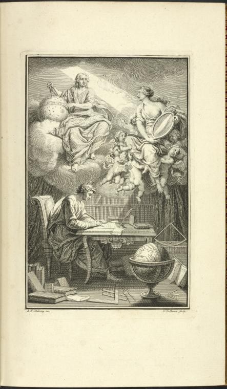 Frontispiece to Voltaire’s Elémens de la philosophie de Neuton.  Madame du Châtelet is depicted as Veritas, Goddess of Truth, and illumines Voltaire, writing below, with the teachings of Isaac Newton, left.