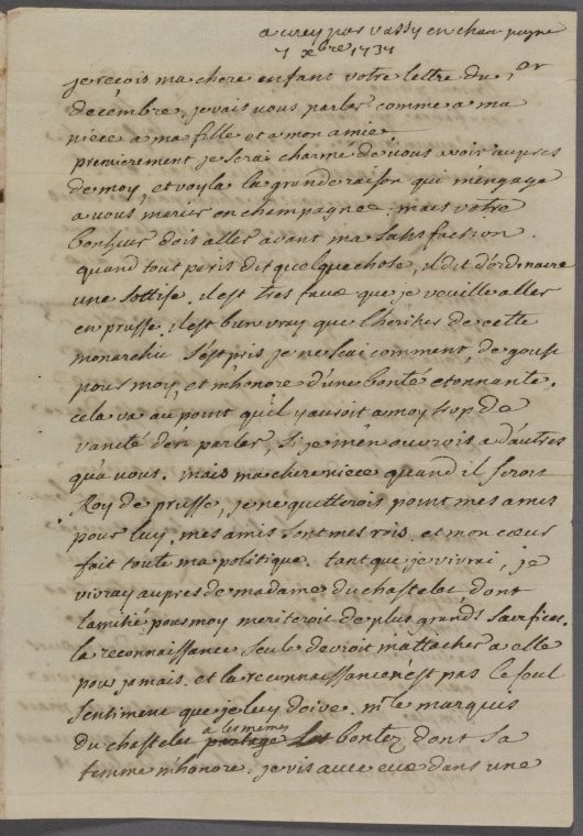Letter from Voltaire to his niece Marie-Louise Mignot, 1737