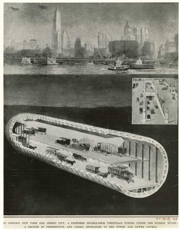 a proposed double-deck vehicular tunnel under the Hudson River (1919).