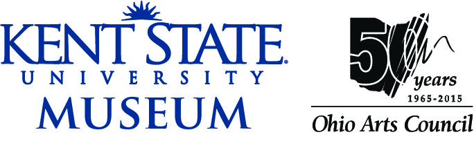 The Kent State University Musuem text logo is shown next to the Ohio Arts Council text logo, which includes a graphic of the state of Ohio above the text. The number 50 can be seen in white inside the Ohio graphic, commemorating the Council's 50th anniversary 