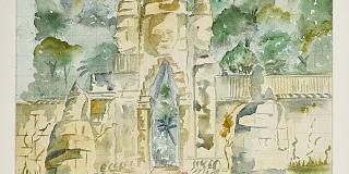 A watercolor of Angkor Thom, Cambodia is shown. 