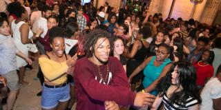 Photo from NYPL's Anti-Prom featuring teens dancing in Astor Hall