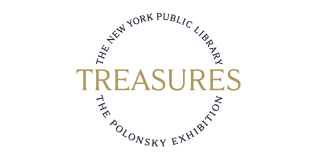 Logo in navy and gold text that reads: Treasures The New York Public Library The Polonsky Exhibition