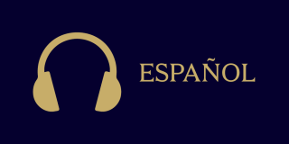 Dark blue rectangle with gold icon of headphones next to text that reads: Español