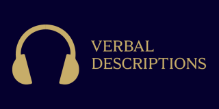 Dark blue rectangle with gold icon of headphones next to text that reads: Verbal Description