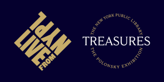 Dark blue rectangle with gold-toned logos for LIVE from NYPL and the Treasures exhibition. 