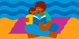 Colorful illustration of an adult and small child sitting on a beach blanket; the caregiver is reading a book to the child. 