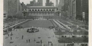 Aerial view of Bryant Park as seen from Sixth Avenue, with the Stephen A. Schwarzman Building in the background.