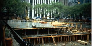 Construction of the stacks under ground level in Bryant Park.