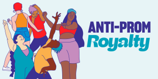 Illustration of people dancing and striking poses next to text that reads Anti-Prom: Royalty.