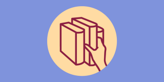 Maroon and cream-colored icon of a hand taking a book off a shelf, with a lavender background.