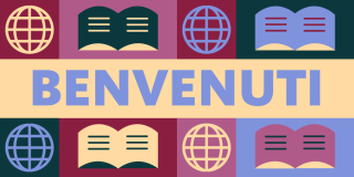 Text flanked by globe and book icons reads: Benvenuti (Welcome).