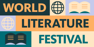 World Literature Festival graphic featuring globe and book icons in green, lavender, and orange tones.