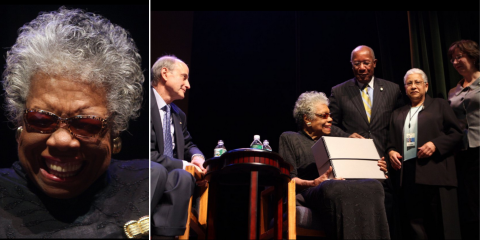 On the left is a close up photo of poet Maya Angelou. On the right, Maya Angelou (seated) is in a picture with then Schomburg Center Director Dr. Howard Dodson, then NYPL President Paul LeClerc plus NYPL and Schomburg Center leaders.