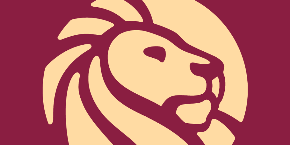 Maroon background superimposed with the NYPL lion logo in beige. 