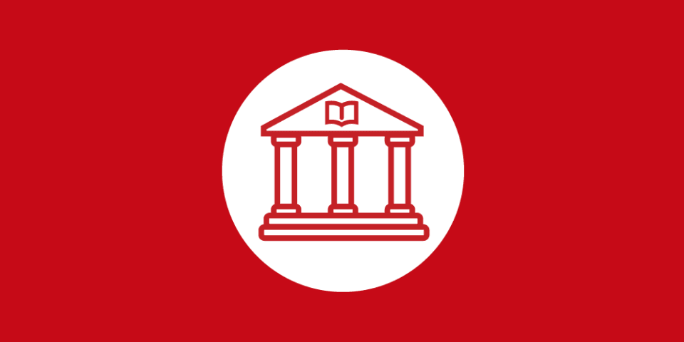 Red rectangle with a white circle that contains a red icon of a library building facade.
