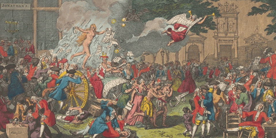  A painting depicts a busy scene where crowds of people in 18th-century dress tussle on the lawn of a large building amid plumes of smoke as angels fly above them.