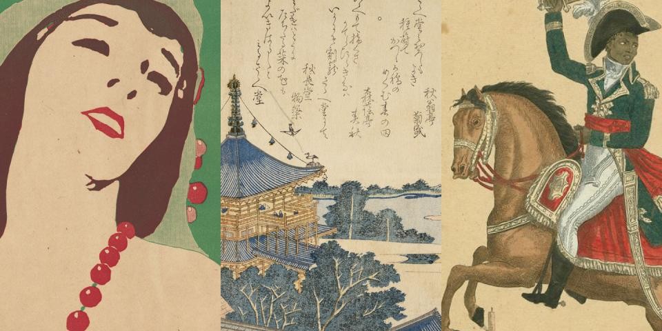 3 images in a row: Magazine cover of The Masses featuring large-scale illustration of a woman’s head and shoulders, printed in brown, red, and green on a darker green background; Color woodblock print in shades of green and blue depicting a temple complex, with handwritten poetry in Japanese at top; Illustration of Toussaint Louverture in military dress, holding up a sword and looking over his shoulder while mounted on a brown horse