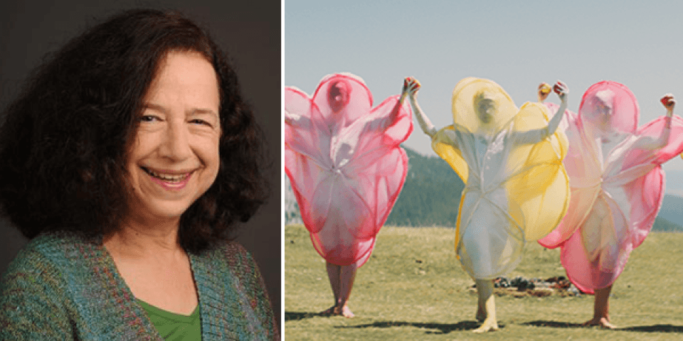 Mindy Alig next to a film still of three masked dancers draped in yellow and pink garments standing on a plain with their hands raised. 
