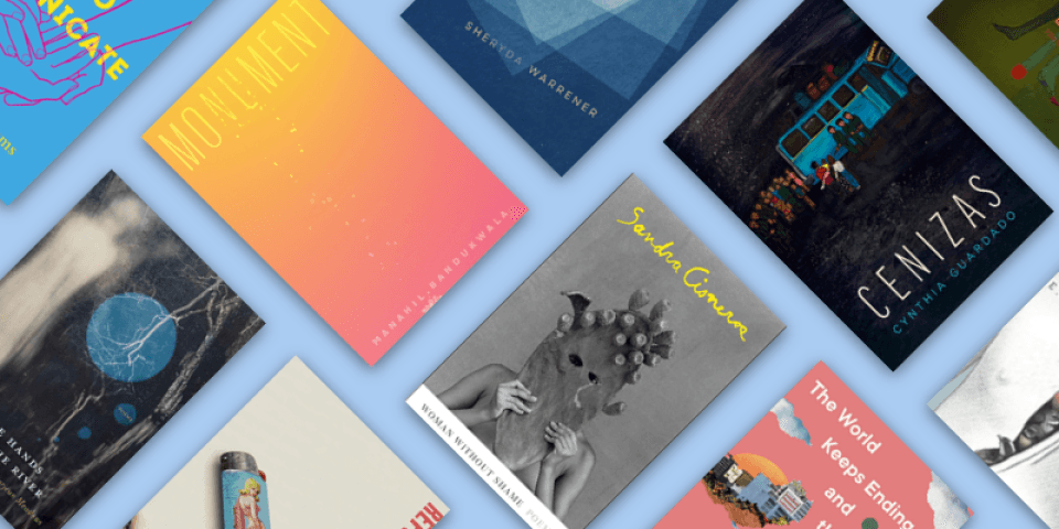 Book covers on a blue background.