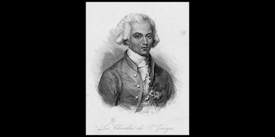 Against a black background, an illustration of Joseph Bologne, Chevalier de Saint-George