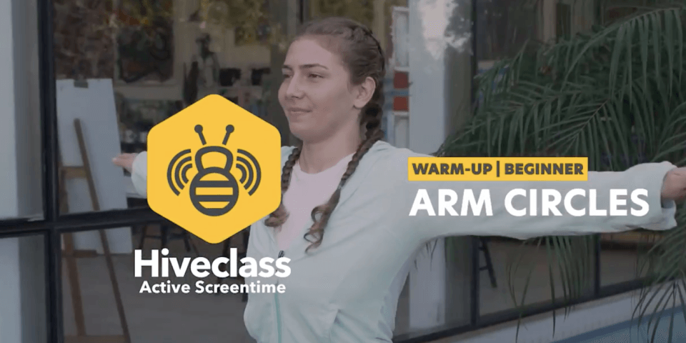 teen girl outside with her arms outstretched. text reads: "warm-up/beginner arm circles"