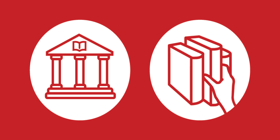 Red background featuring two icons: a library location and a hand grabbing books off of a shelf.