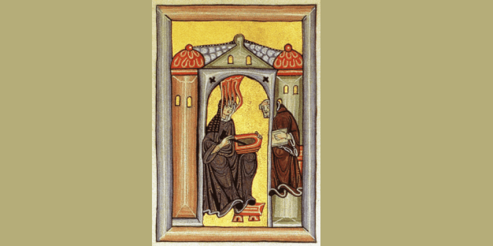 Illumination from Hildegard's Scivias (1151) showing her receiving a vision and dictating to teacher Volmar.