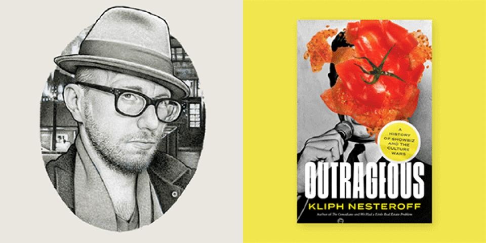 Illustration of Kliph Nesteroff with the cover of Outrageous.