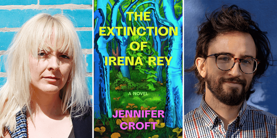 Headshots of Jennifer Croft and Daniel Saldaña París on either side of the cover of 'The Extinction of Irena Rey.'