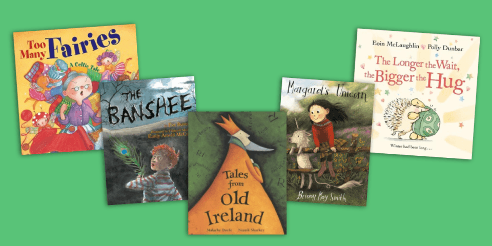 collage of picture book covers on a green background