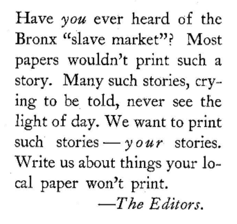 Message from the editors of The Woman Today, asking readers to write to them with stories of the Bronx Slave Markets