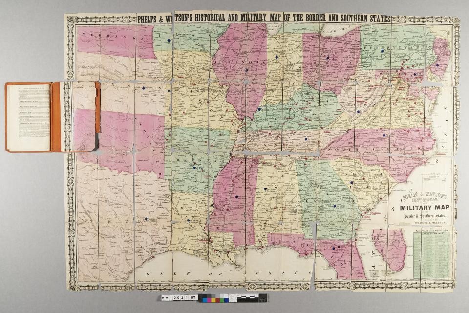  Phelps & Watson’s Historical and Military of the Border and Southern States before treatment. One piece of the map is still adhered to the pamphlet.