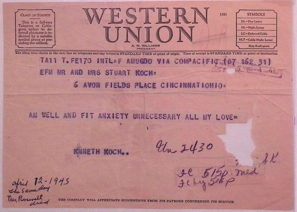 Kenneth Koch, telegram to Lillian and Stuart Koch, April 12, 1945