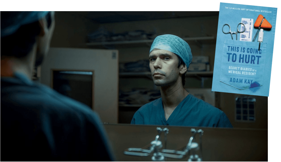 promo image from This is Going to Hurt showing man in hospital scrubs looking in mirror
