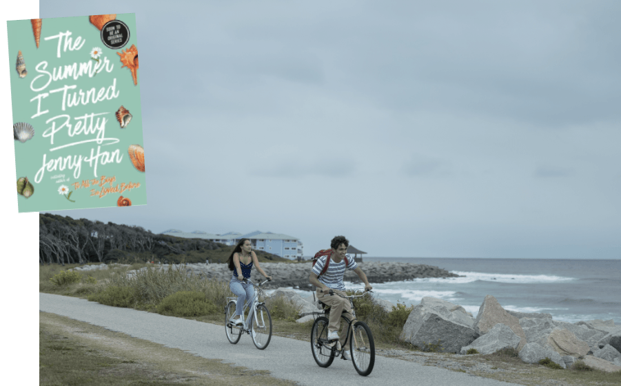 promo image for The Summer I Turned Pretty showing a boy and a girl riding bikes near the ocean