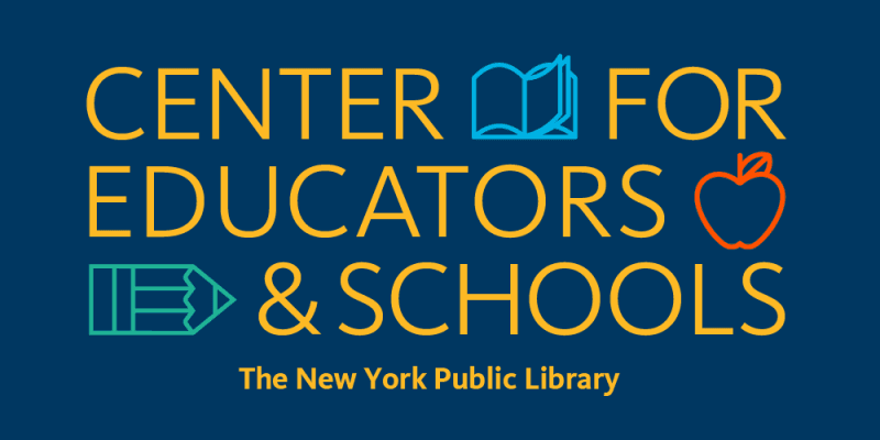 Text: Center for Educators & Schools The New York Public Library. Illustrated book, apple, and pencil