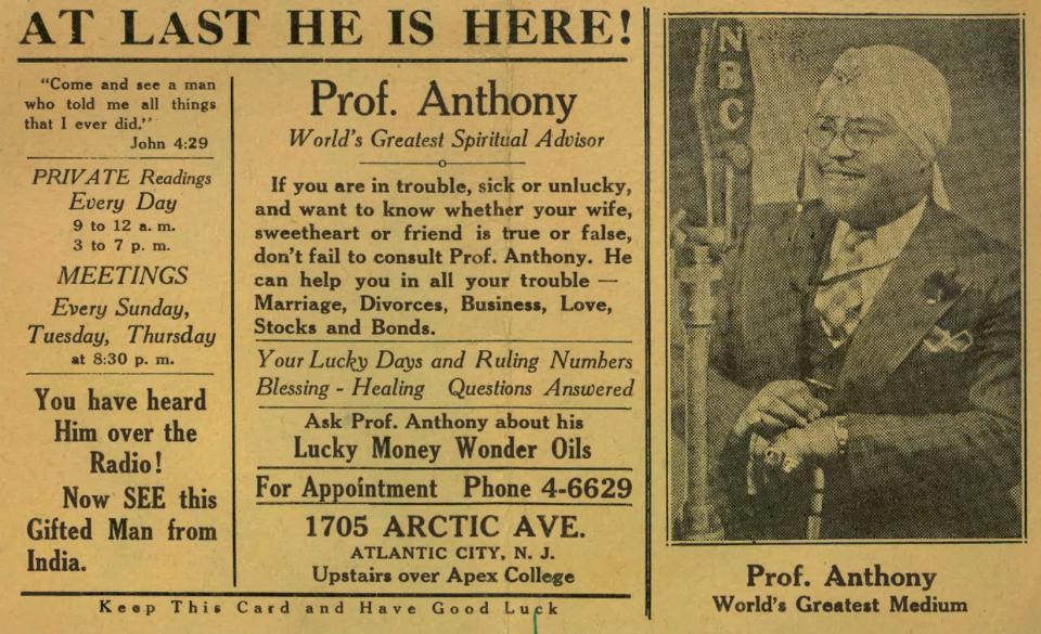 A business card listing the services and Prof. Anthony, who calls himself the “world’s greatest medium. The lists his business hours and office address.