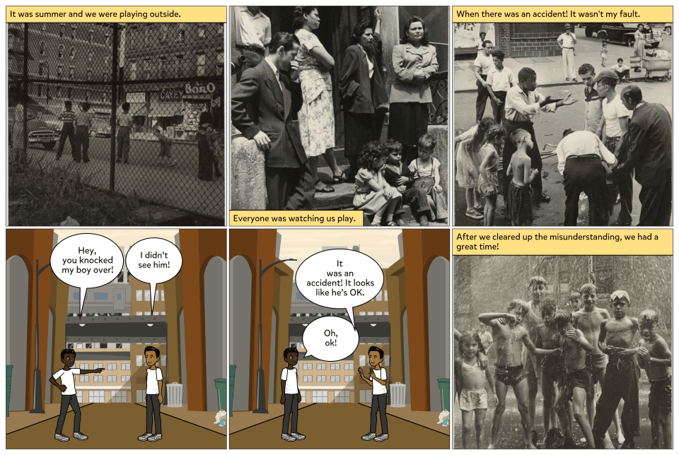 A 3x2 grid of archival photos and illustrated scenes created using the online software Pixton, like a comic strip.