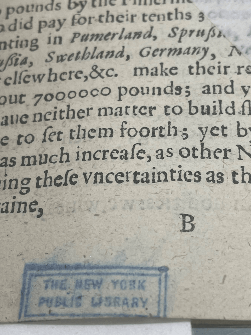 Close-up of a blurry blue stamp that reads The New York Public library under a page of text.