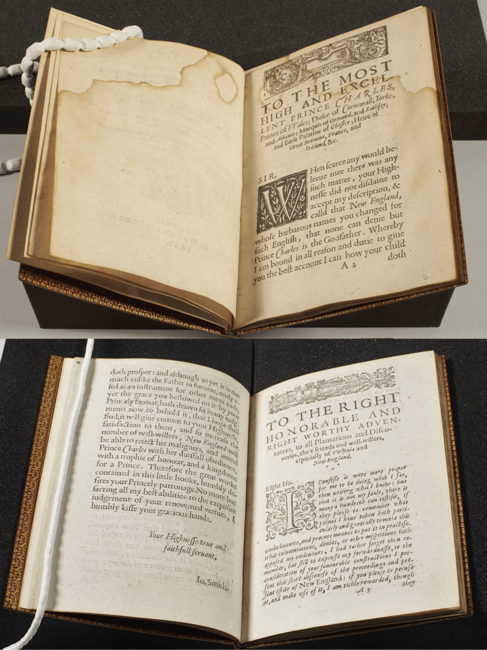 Pages of the book before and after having been washed and treated.