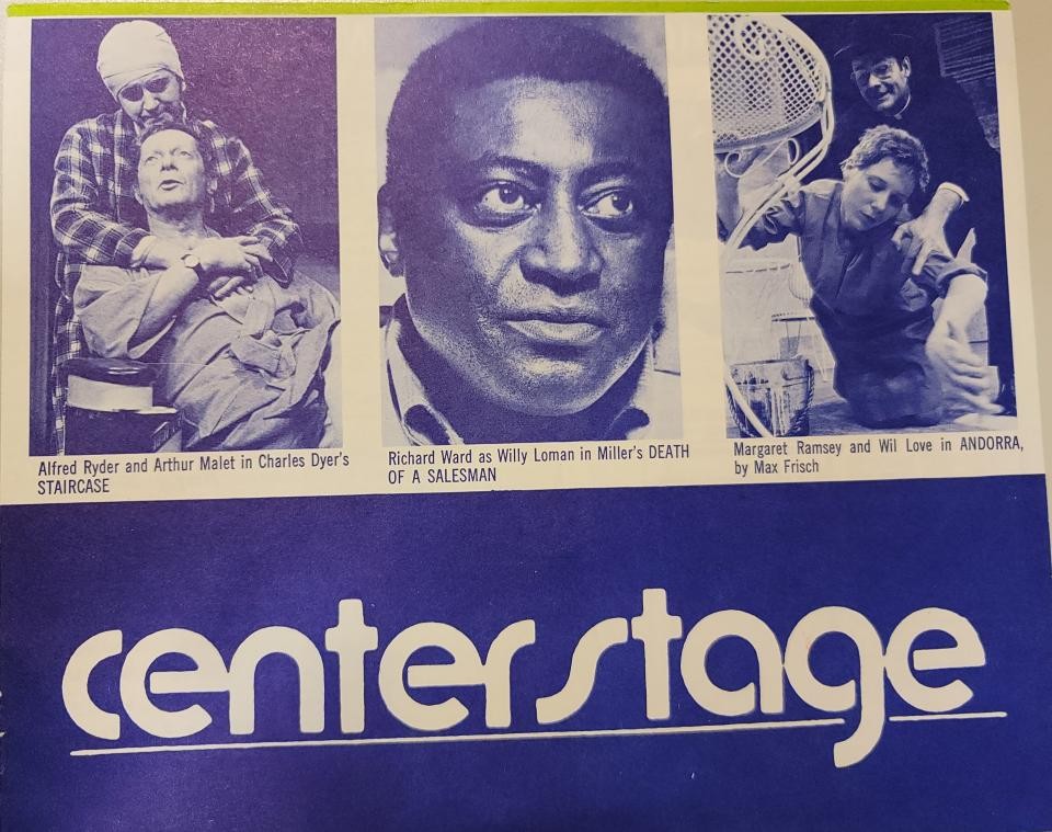 Blue and white promotional mailer for Baltimore Center Stage featuring stage photographs of Staircase, Death of a Salesman, and Abdorra