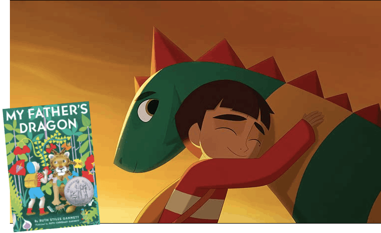 animated boy leans warmly against a friendly dragon