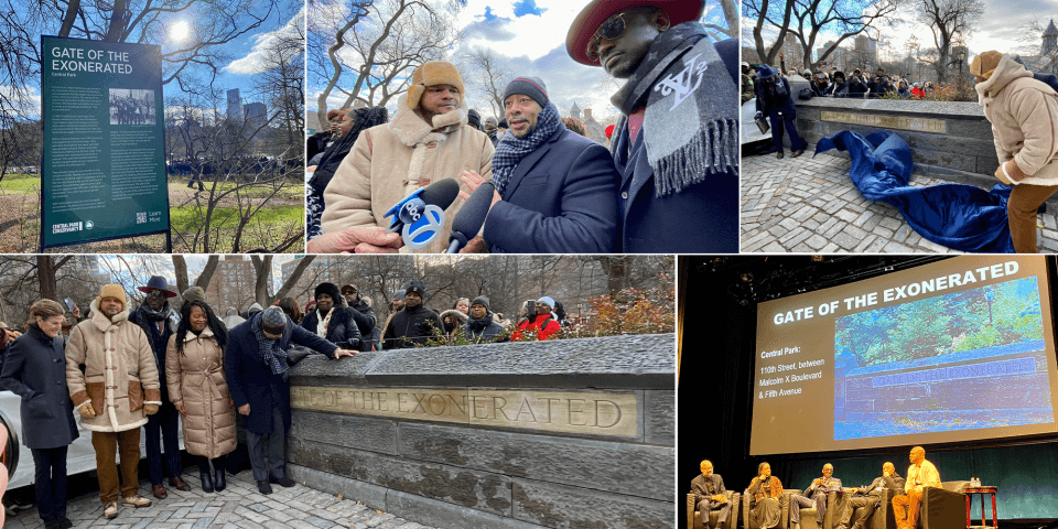 A collage of images showing the Exonerated Five looking at the Gate of the Exonerated, speaking to the media, seated onstage at the Schomburg Center and a wide shot of Central Park with a sign about the Gate.