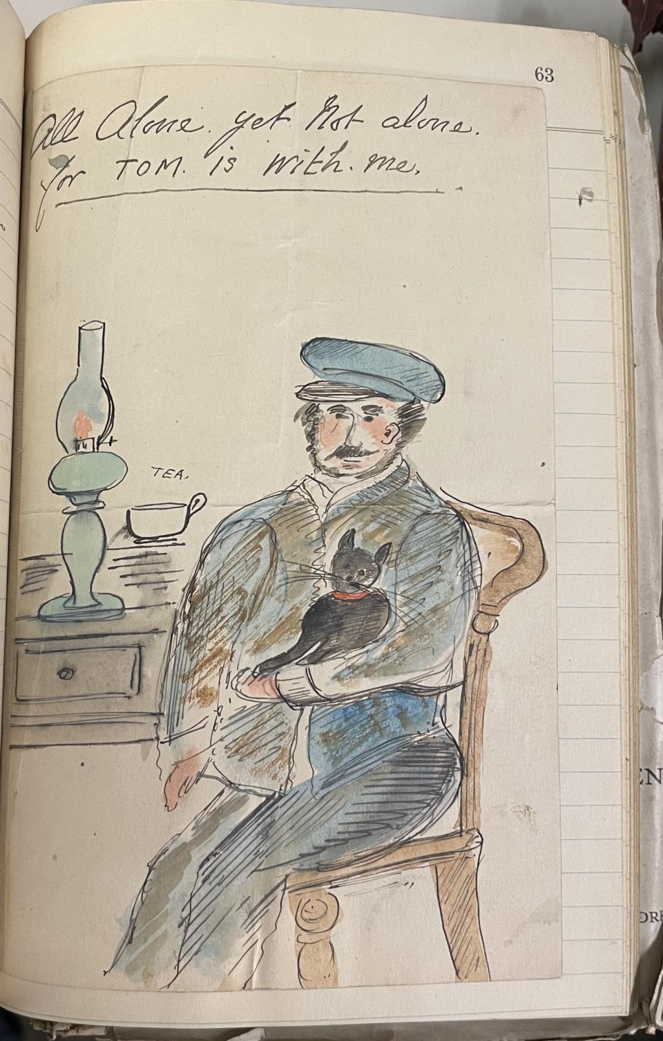 A drawing of a man with a blue sailors cap holding a cat, sitting on a chair next to a table that has on it an oil lamp 