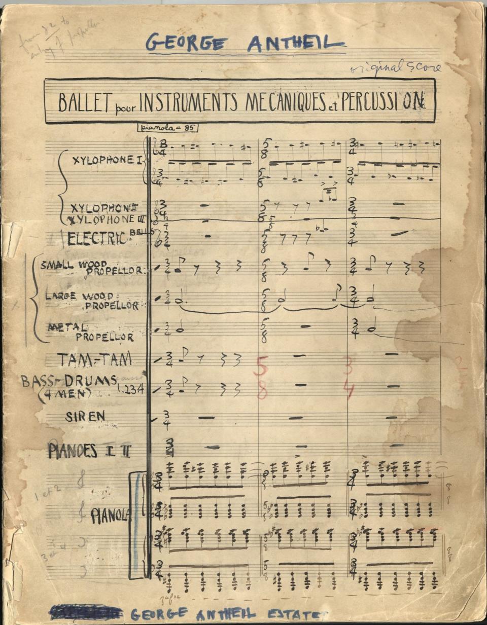 A page of a score that says Geroge Antheil and Ballet pour instrument mecanique et percussion