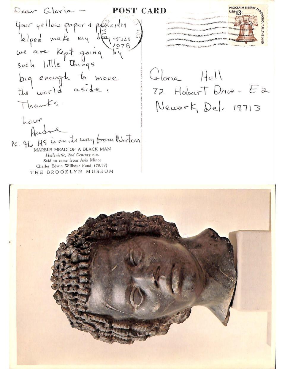 Front and back sides of postcard from Audre Lorde to Akasha Hull. Image on front is a marble bust of a Black man; the back has a short handwritten message.